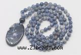 GMN5065 Hand-knotted 8mm, 10mm blue spot stone 108 beads mala necklace with pendant