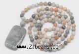 GMN5135 Hand-knotted 8mm, 10mm matte bamboo leaf agate 108 beads mala necklace with pendant