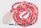 GMN5151 Hand-knotted 8mm, 10mm red banded agate 108 beads mala necklace with pendant