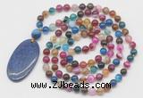 GMN5156 Hand-knotted 8mm, 10mm colorful banded agate 108 beads mala necklace with pendant