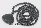 GMN5213 Hand-knotted 8mm, 10mm black banded agate 108 beads mala necklace with pendant