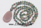 GMN5217 Hand-knotted 8mm, 10mm Indian agate 108 beads mala necklace with pendant