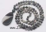 GMN5224 Hand-knotted 8mm, 10mm black water jasper 108 beads mala necklace with pendant