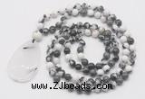 GMN5225 Hand-knotted 8mm, 10mm black & white jasper 108 beads mala necklace with pendant