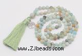 GMN5711 Hand-knotted 6mm matte amazonite 108 beads mala necklaces with tassel & charm