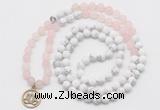 GMN6003 Knotted 8mm, 10mm rose quartz & white howlite 108 beads mala necklace with charm