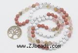 GMN6005 Knotted 8mm, 10mm white howlite, cherry quartz & red jasper 108 beads mala necklace with charm