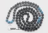 GMN6018 Knotted 8mm, 10mm matte black agate, black labradorite & apatite 108 beads mala necklace with charm