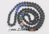 GMN6028 Knotted 7 Chakra 8mm, 10mm black lava & lapis lazuli 108 beads mala necklace with charm