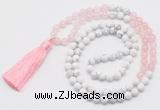 GMN6102 Knotted 8mm, 10mm rose quartz & white howlite 108 beads mala necklace with tassel