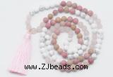 GMN6104 Knotted 8mm, 10mm white howlite, pink jasper & rose quartz 108 beads mala necklace with tassel