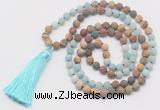 GMN6107 Knotted 8mm, 10mm matte amazonite & jasper 108 beads mala necklace with tassel