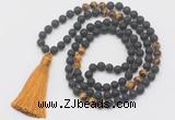 GMN6115 Knotted 8mm, 10mm black lava & yellow tiger eye 108 beads mala necklace with tassel