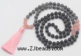 GMN6117 Knotted 8mm, 10mm matte black agate, black labradorite & rose quartz 108 beads mala necklace with tassel