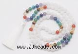 GMN6119 Knotted 7 Chakra 8mm, 10mm white jade 108 beads mala necklace with tassel