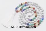 GMN6121 Knotted 7 Chakra 8mm, 10mm white howlite 108 beads mala necklace with tassel