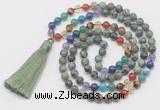 GMN6126 Knotted 7 Chakra 8mm, 10mm African turquoise 108 beads mala necklace with tassel