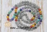 GMN6137 Knotted 7 Chakra 8mm, 10mm labradorite 108 beads mala necklace with charm