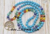 GMN6140 Knotted 7 Chakra 8mm, 10mm turquoise 108 beads mala necklace with charm