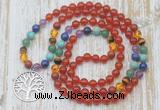 GMN6141 Knotted 7 Chakra 8mm, 10mm red agate 108 beads mala necklace with charm