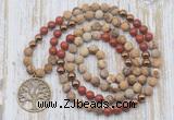 GMN6146 Knotted 8mm, 10mm matte picture jasper & red jasper 108 beads mala necklace with charm