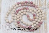 GMN6150 Knotted 8mm, 10mm white fossil jasper & pink wooden jasper 108 beads mala necklace with charm