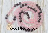 GMN6152 Knotted 8mm, 10mm rose quartz & garnet 108 beads mala necklace with charm