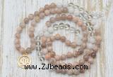 GMN6154 Knotted 8mm, 10mm sunstone, white crystal & white jade 108 beads mala necklace with charm