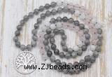 GMN6156 Knotted 8mm, 10mm labradorite, rose quartz & white moonstone 108 beads mala necklace with charm