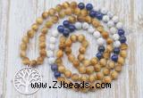 GMN6157 Knotted 8mm, 10mm golden tiger eye, lapis lazuli & matte white howlite 108 beads mala necklace with charm