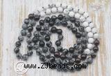 GMN6159 Knotted 8mm, 10mm snowflake obsidian, garnet & matte white howlite 108 beads mala necklace with charm