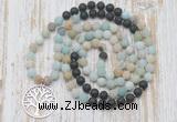 GMN6163 Knotted 8mm, 10mm matte amazonite & black lava 108 beads mala necklace with charm