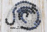 GMN6166 Knotted 8mm, 10mm matte sodalite, white crystal  & black agate 108 beads mala necklace with charm