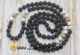 GMN6168 Knotted 8mm, 10mm black lava, matte white howlite & golden tiger eye 108 beads mala necklace with charm