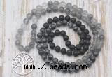 GMN6170 Knotted 8mm, 10mm black lava, black labradorite & cloudy quartz 108 beads mala necklace with charm