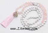 GMN6203 Knotted matte rose quartz & white howlite 108 beads mala necklace with tassel & charm