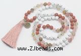 GMN6205 Knotted white howlite, cherry quartz & red jasper 108 beads mala necklace with tassel & charm