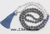 GMN6210 Knotted black labradorite & matte white howlite 108 beads mala necklace with tassel & charm