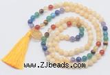 GMN6220 Knotted 7 Chakra honey jade 108 beads mala necklace with tassel & charm