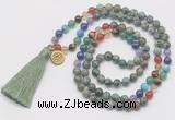 GMN6226 Knotted 7 Chakra African turquoise 108 beads mala necklace with tassel & charm