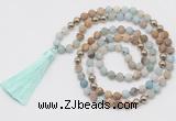 GMN6244 Knotted 8mm, 10mm matte amazonite & picture jasper 108 beads mala necklace with tassel