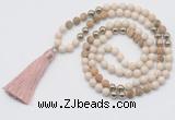 GMN6245 Knotted 8mm, 10mm white fossil jasper & picture jasper 108 beads mala necklace with tassel