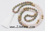 GMN6249 Knotted 8mm, 10mm unakite, white jade & hematite 108 beads mala necklace with tassel