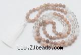 GMN6254 Knotted 8mm, 10mm sunstone, white crystal & white jade 108 beads mala necklace with tassel