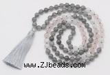 GMN6256 Knotted 8mm, 10mm labradorite, rose quartz & white moonstone 108 beads mala necklace with tassel
