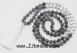 GMN6259 Knotted 8mm, 10mm snowflake obsidian, garnet & matte white howlite 108 beads mala necklace with tassel