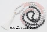 GMN6262 Knotted 8mm, 10mm black agate, rose quartz & white howlite 108 beads mala necklace with tassel