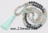 GMN6263 Knotted 8mm, 10mm matte amazonite & black lava 108 beads mala necklace with tassel