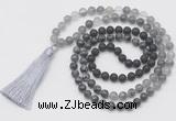 GMN6270 Knotted 8mm, 10mm black lava, black labradorite & cloudy quartz 108 beads mala necklace with tassel