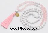 GMN6302 Knotted rose quartz & white howlite 108 beads mala necklace with tassel & charm